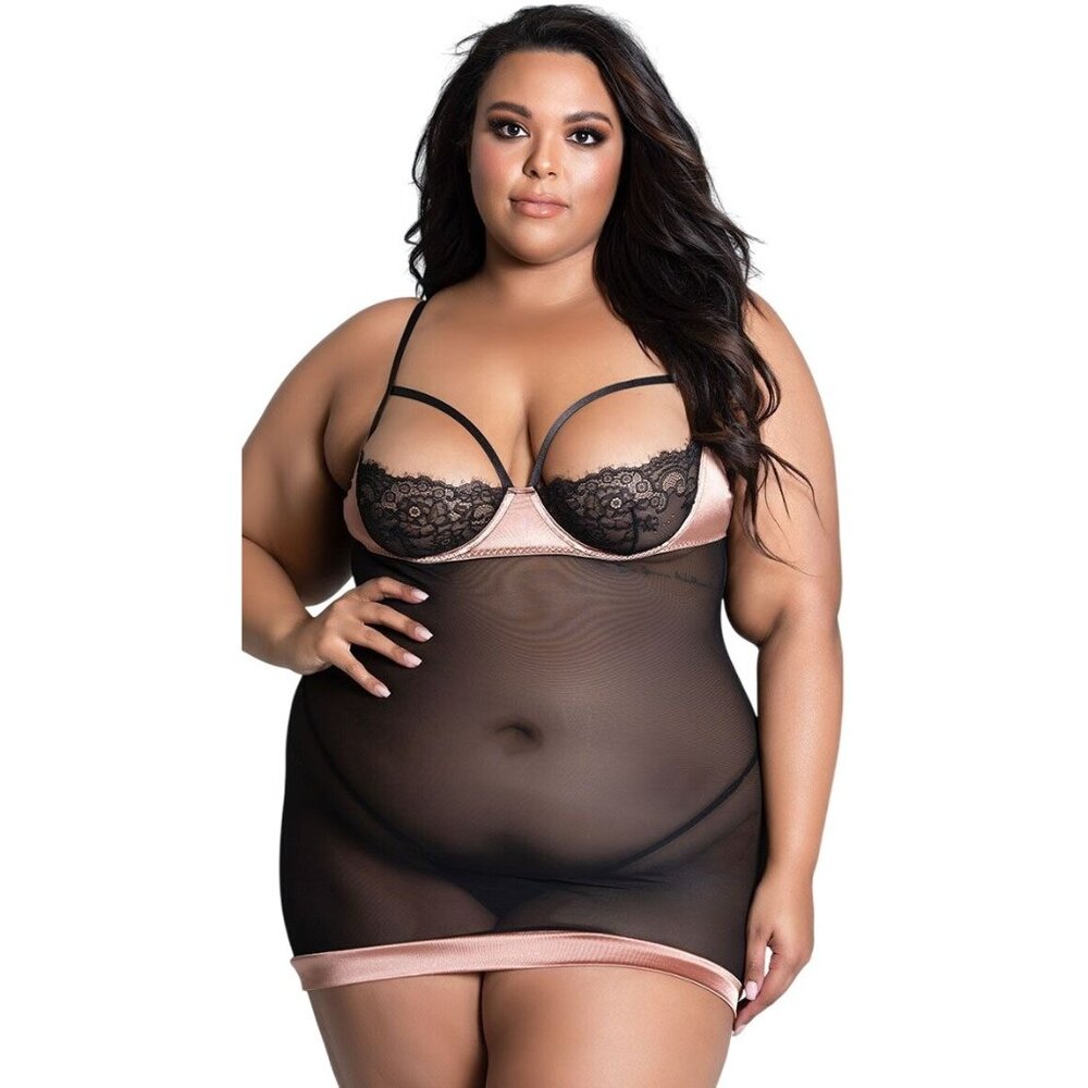 1pc 3X Plus Size ELEGANT MOMENTS Touch Of Satin+Mesh+Lace Chemise Black/Copper